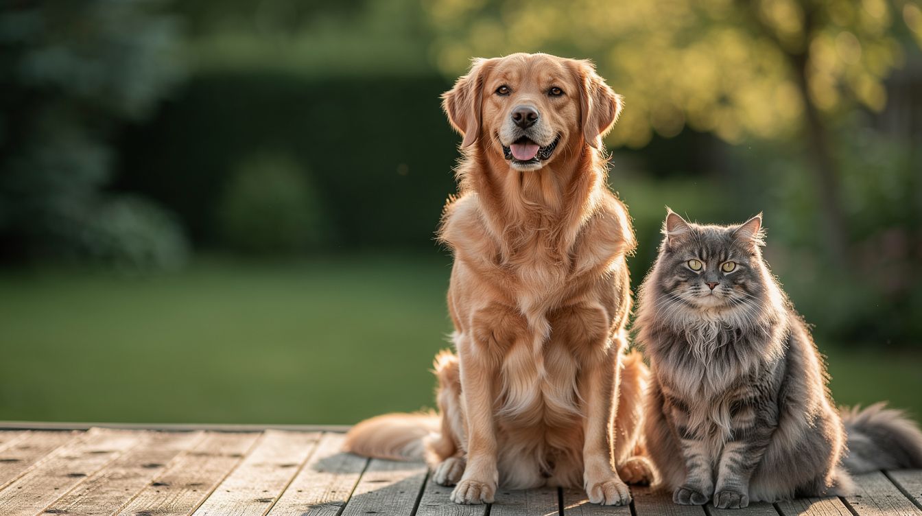 Un golden retriever y un gato de pelo largo sentados juntos en un porche de madera, con un jardín verde detrás